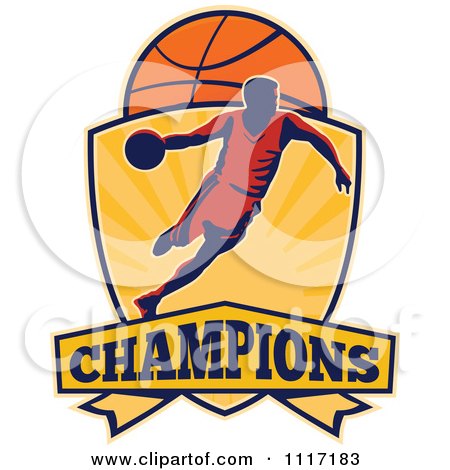 Vector Clipart Retro Basketball Player Athlete Dribbling On A Shield With CHAMPIONS Text - Royalty Free Graphic Illustration by patrimonio