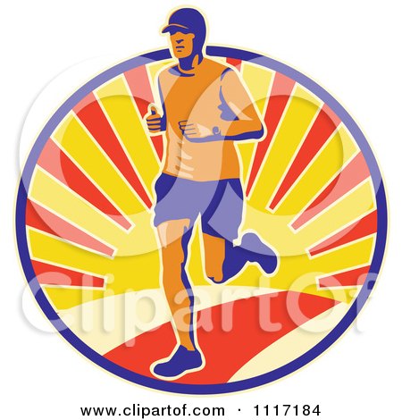 Vector Clipart Retro Triathlete Marathon Runner In A Circle Of Sunshine - Royalty Free Graphic Illustration by patrimonio