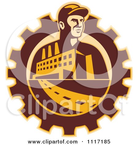 Vector Clipart Retro Factory Worker Mechanic In A Gear With A Building And Road - Royalty Free Graphic Illustration by patrimonio