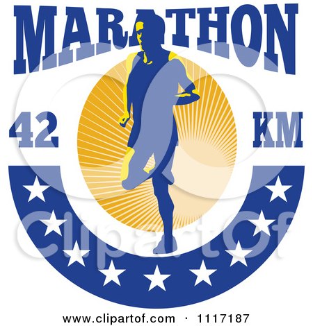 Vector Clipart Retro Triathlete Runner With Marathon 42 Km Text And Stars - Royalty Free Graphic Illustration by patrimonio