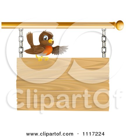 Cartoon Happy Robin Bird Presenting On A Wood Sign - Royalty Free Vector Clipart by AtStockIllustration