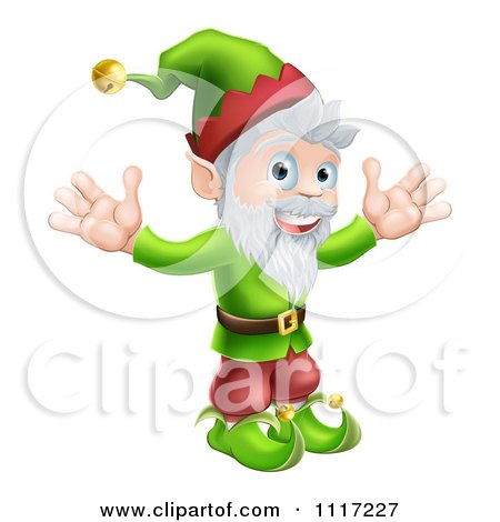 Cartoon Happy Gnome Or Christmas Elf Holding Up His Arms - Royalty Free Vector Clipart by AtStockIllustration
