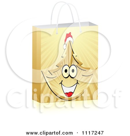Vector Clipart Of A 3d Sales Shopping Bag With A Happy Gold Christmas Tree - Royalty Free Graphic Illustration by Andrei Marincas