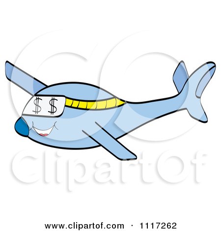 Vector Cartoon Of A Blue Airplane With Dollar Eyes - Royalty Free Clipart Graphic by Andrei Marincas