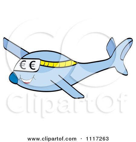 Vector Cartoon Of A Blue Airplane With Euro Eyes - Royalty Free Clipart Graphic by Andrei Marincas
