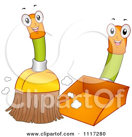 Cartoon Of A Happy Broom Sweeping Into A Dustpan - Royalty Free Vector Clipart by BNP Design Studio