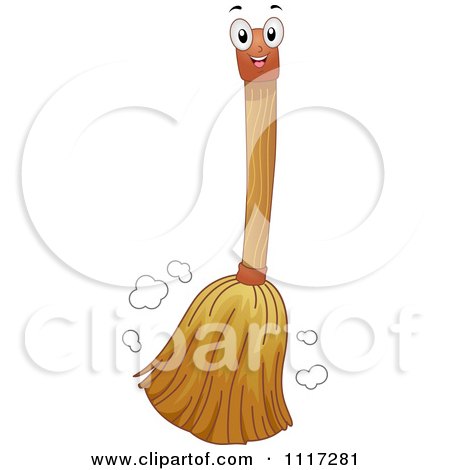 Cartoon Of A Happy Broom Sweeping - Royalty Free Vector Clipart by BNP Design Studio