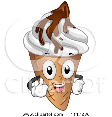 Cartoon Of A Happy Waffle Cone With Frozen Yogurt And Chocolate Syrup Holding A Thumb Up - Royalty Free Vector Clipart by BNP Design Studio