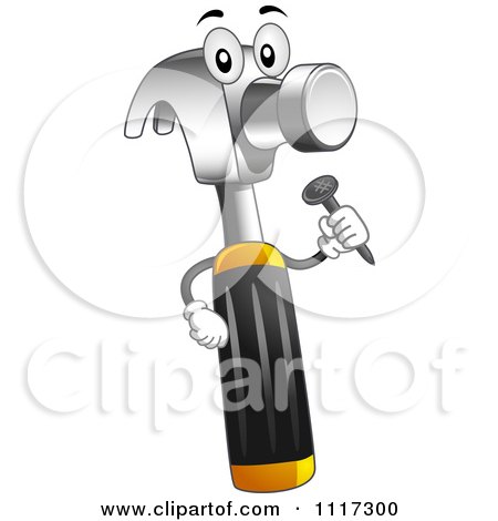 Cartoon Of A Hammer Mascot Holding A Nail - Royalty Free Vector Clipart by BNP Design Studio