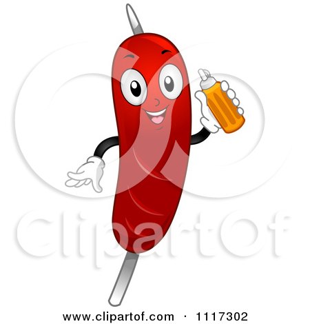 Cartoon Of A Happy Hot Dog Holding A Bottle Of Mustard - Royalty Free Vector Clipart by BNP Design Studio
