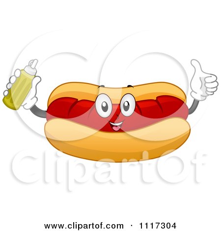 Cartoon Of A Happy Hot Dog In A Bun Holding A Bottle Of Mustard - Royalty Free Vector Clipart by BNP Design Studio
