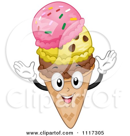 Cartoon Of A Happy Waffle Ice Cream Cone With Three Scoops - Royalty Free Vector Clipart by BNP Design Studio