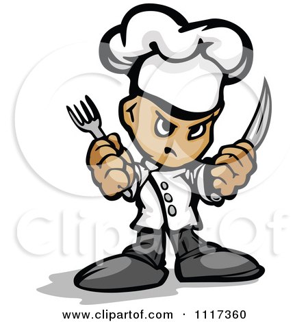 Cartoon Of A Tough Male Chef Guy Holding A Knife And Fork - Royalty Free Vector Clipart Of A  by Chromaco