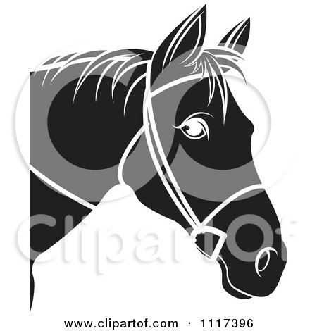 Clipart Of A Black And White Horse Head With Reins 2 - Royalty Free Vector Illustration by Lal Perera