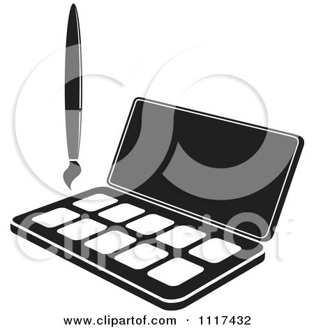 Clipart Of A Black And White Watercolor Paint Kit And Brush - Royalty Free Vector Illustration by Lal Perera