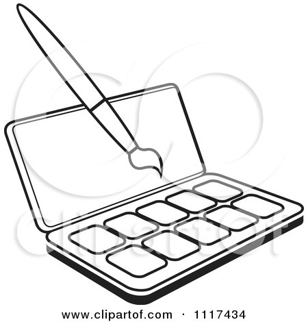Clipart Of An Outlined Watercolor Paint Kit And Brush - Royalty Free Vector Illustration by Lal Perera