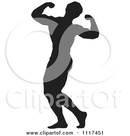 Clipart Of A Silhouetted Male Bodybuilder Competitor Flexing - Royalty Free Vector Illustration by Lal Perera
