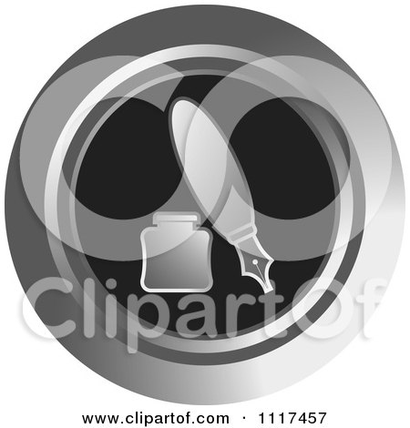 Clipart Of A Round Silver And Black Fountain Pen And Ink Well Icon - Royalty Free Vector Illustration by Lal Perera