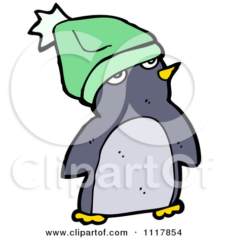 Cartoon Festive Xmas Penguin Wearing A Green Hat - Royalty Free Vector Clipart by lineartestpilot
