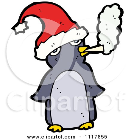 Cartoon Bad Xmas Penguin Smoking A Cigarette 1 - Royalty Free Vector Clipart by lineartestpilot