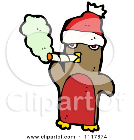 Cartoon Bad Xmas Penguin Smoking A Cigarette 3 - Royalty Free Vector Clipart by lineartestpilot