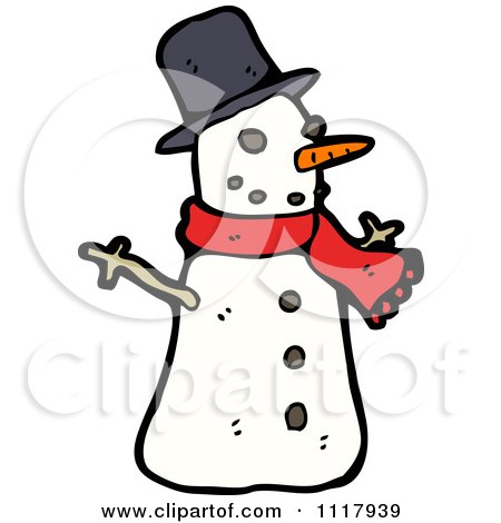Cartoon Of A Xmas Winter Snowman With A Red Scarf - Royalty Free Vector Clipart by lineartestpilot