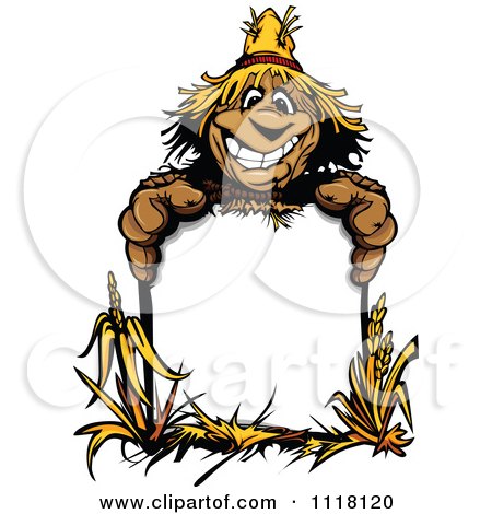 Cartoon Of A Happy Scarecrow Mascot With An Autumn Sign - Royalty Free Vector Clipart by Chromaco