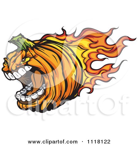 Cartoon Of An Aggressive Flaming Halloween Pumpkin Mascot - Royalty Free Vector Clipart by Chromaco