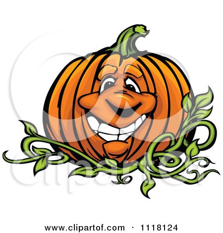 Cartoon Of A Happy Pumpkin Mascot On The Vine - Royalty Free Vector Clipart by Chromaco
