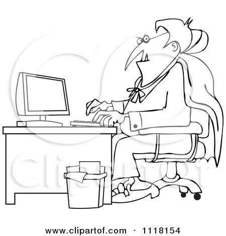 Cartoon Of An Outlined Halloween Vampire Using A Computer At An Office Desk - Royalty Free Vector Clipart by djart