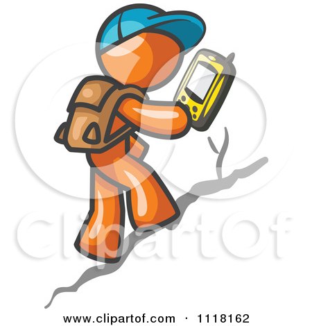 Cartoon Of A Geocaching Orange Man Hiker Using A Gps Device - Royalty Free Vector Clipart by Leo Blanchette