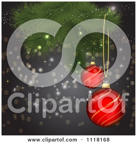 Clipart Of 3d Red And Gold Christmas Baubles Suspended From A Tree Branch Over Gray With Sparkles - Royalty Free Vector Illustration by KJ Pargeter