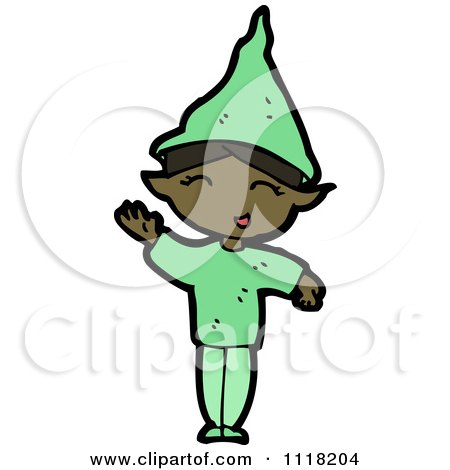 Cartoon Of A Waving Black Female Christmas Elf In A Green Suit - Royalty Free Vector Clipart by lineartestpilot