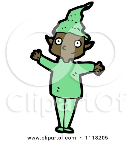Cartoon Of A Waving Black Male Christmas Elf In A Green Suit - Royalty Free Vector Clipart by lineartestpilot