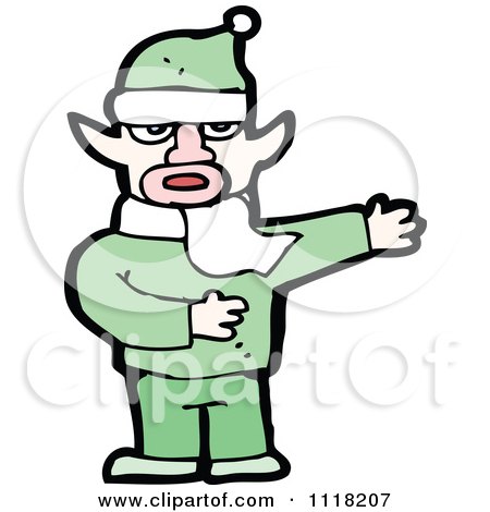 Cartoon Of A Cold Male Christmas Elf Giving Directions In A Green Suit - Royalty Free Vector Clipart by lineartestpilot