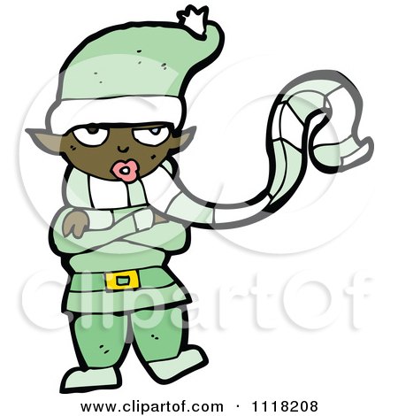 Cartoon Of A Cold Black Female Christmas Elf In A Green Suit - Royalty Free Vector Clipart by lineartestpilot