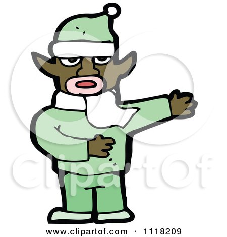Cartoon Of A Black Male Christmas Elf Giving Directions In A Green Suit - Royalty Free Vector Clipart by lineartestpilot