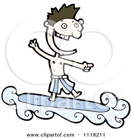 Vector Cartoon Of A Laughing Caucasian Surfer Man Riding A Wave And Pointing - Royalty Free Clipart Graphic by lineartestpilot