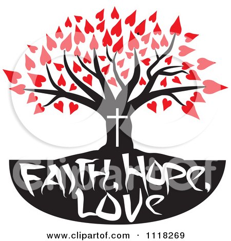 Cartoon Of A Christian Family Tree With Faith Hope Love Text And Red Heart Leaves - Royalty Free Vector Clipart by Johnny Sajem