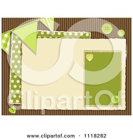 Clipart Of A Brown And Green Polka Dot Corrugated Cardboard Scrapbook Page With Buntings And Buttons - Royalty Free Vector Illustration by elaineitalia
