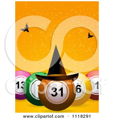 Clipart Of 3d Halloween Bingo Balls With A Witch Hat And Bats On Orange - Royalty Free Vector Illustration by elaineitalia