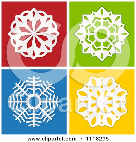 Clipart Of 3d White Paper Snowflakes On Red Green Blue And Yellow - Royalty Free Vector Illustration by elaineitalia