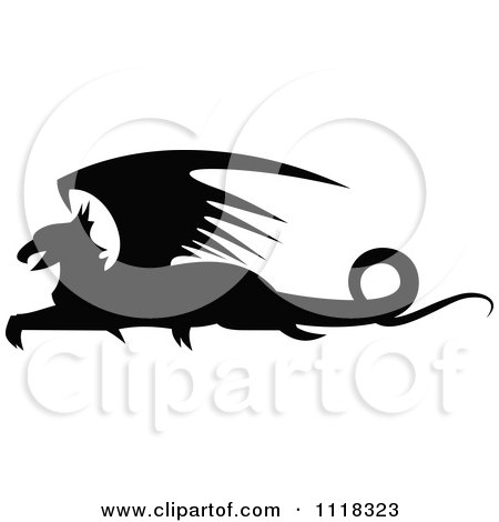 Clipart Of A Black Silhouetted Resting Griffin 2 - Royalty Free Vector Illustration by Vector Tradition SM
