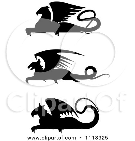 Clipart Of Black Silhouetted Resting Griffins - Royalty Free Vector Illustration by Vector Tradition SM