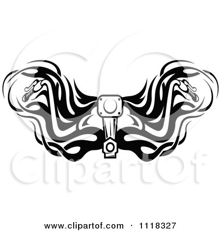 Clipart of a Black and White Skull with Flaming Motorcycle Handlebars