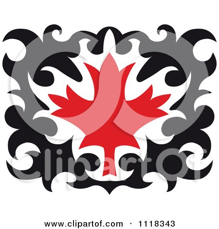 Clipart Of A Black And Red Tribal Maple Leaf 4 - Royalty Free Vector Illustration by Vector Tradition SM