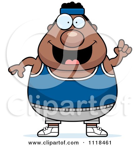 Cartoon Of A Happy Plump Black Gym Man With An Idea| Royalty Free Vector Clipart by Cory Thoman