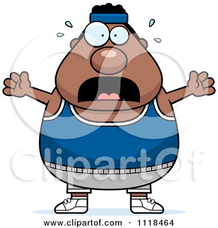 Cartoon Of A Stressed Plump Black Gym Man - Royalty Free Vector Clipart by Cory Thoman