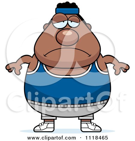 Cartoon Of A Depressed Plump Black Gym Man - Royalty Free Vector Clipart by Cory Thoman