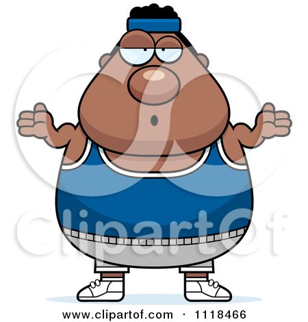 Cartoon Of A Careless Shrugging Plump Black Gym Man - Royalty Free Vector Clipart by Cory Thoman